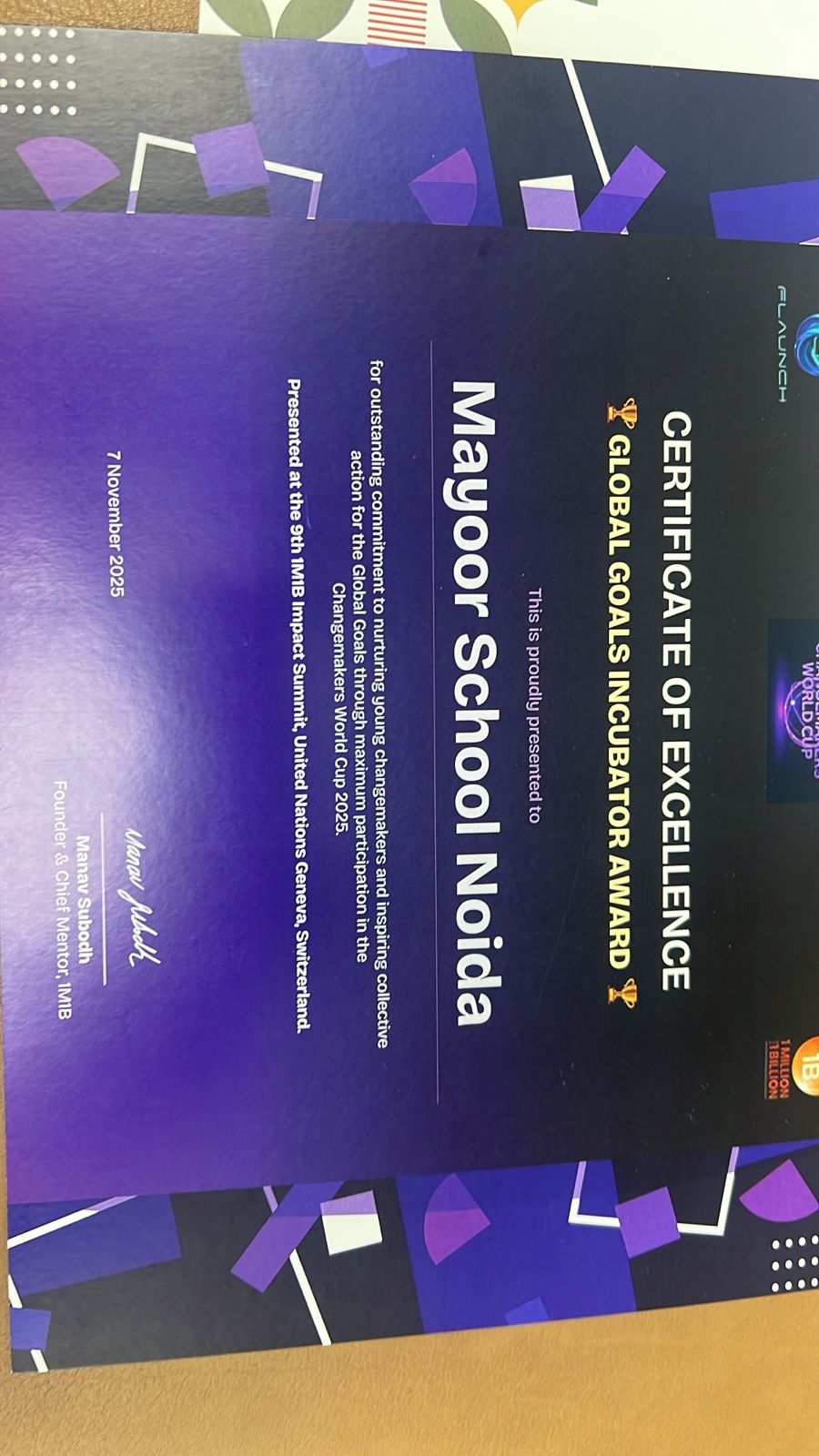 Global Honour for Mayoor School at the 9th 1M1B Impact Summit, United Nations, Geneva